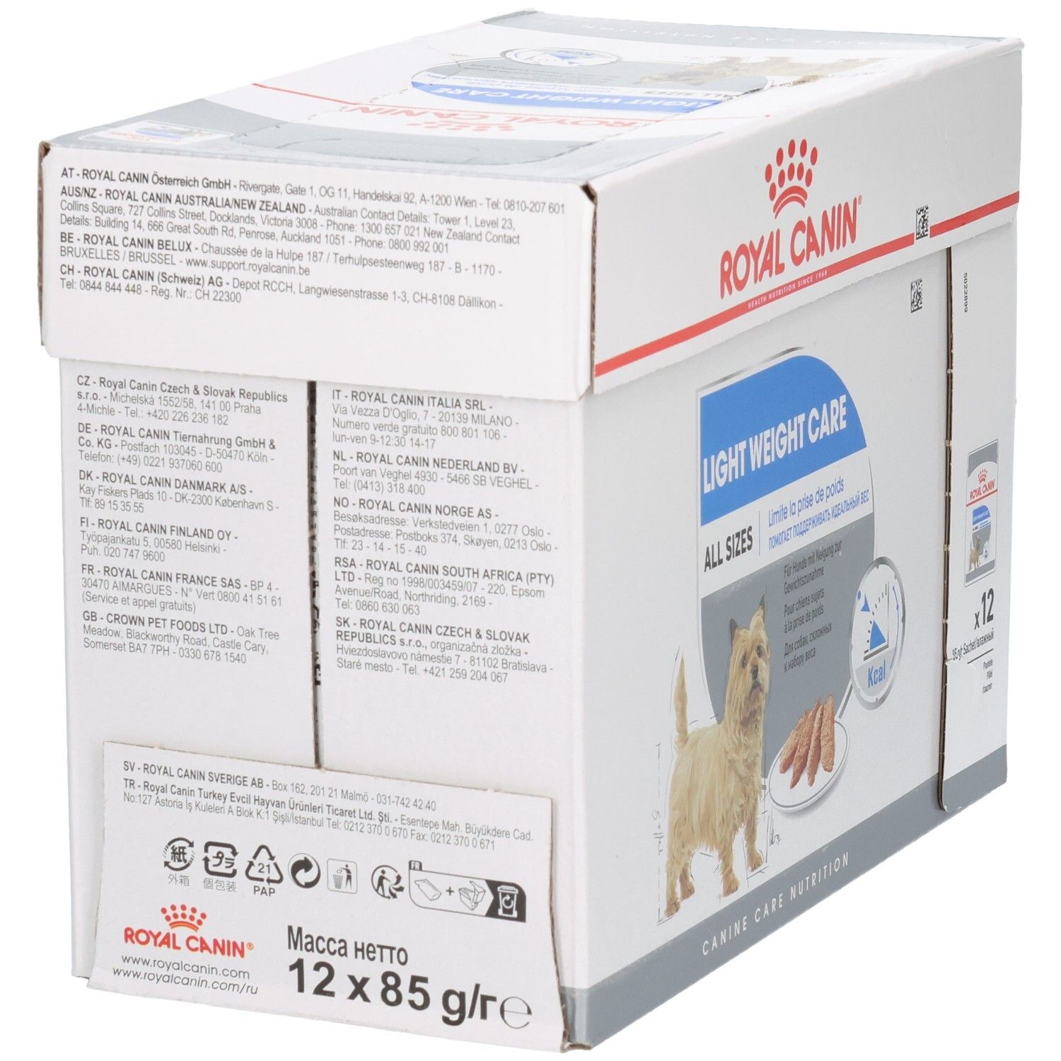 Arrière de la boîte Royal Canin Light Weight Care avec informations d'adresse et aperçu du produit.