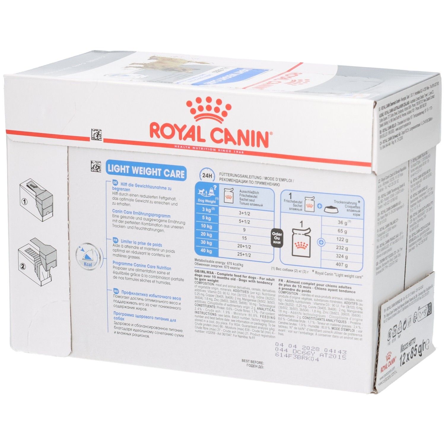 Vue latérale de la boîte Royal Canin Light Weight Care avec recommandations alimentaires et informations produit.