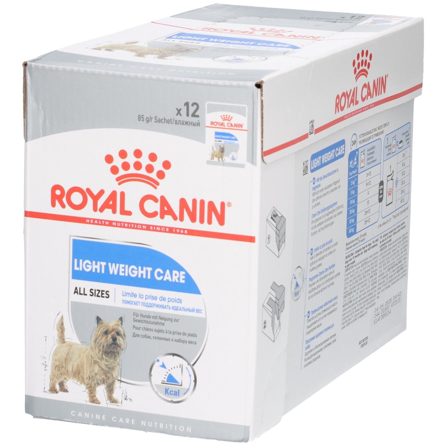 Boîte de nourriture Royal Canin Light Weight Care All Sizes pour chien, 12x85g sachets. Comprend un Cairn Terrier.
