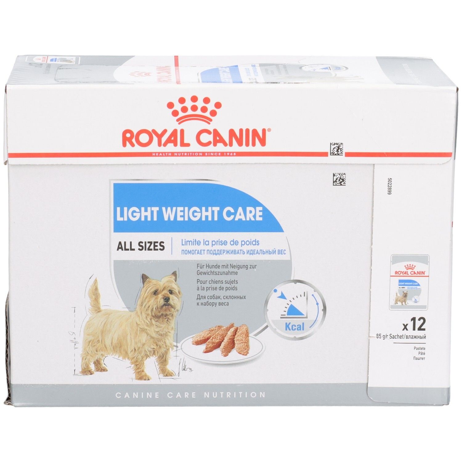 Boîte de nourriture Royal Canin Light Weight Care All Sizes pour chien, 12x85g sachets. Comprend un Cairn Terrier.