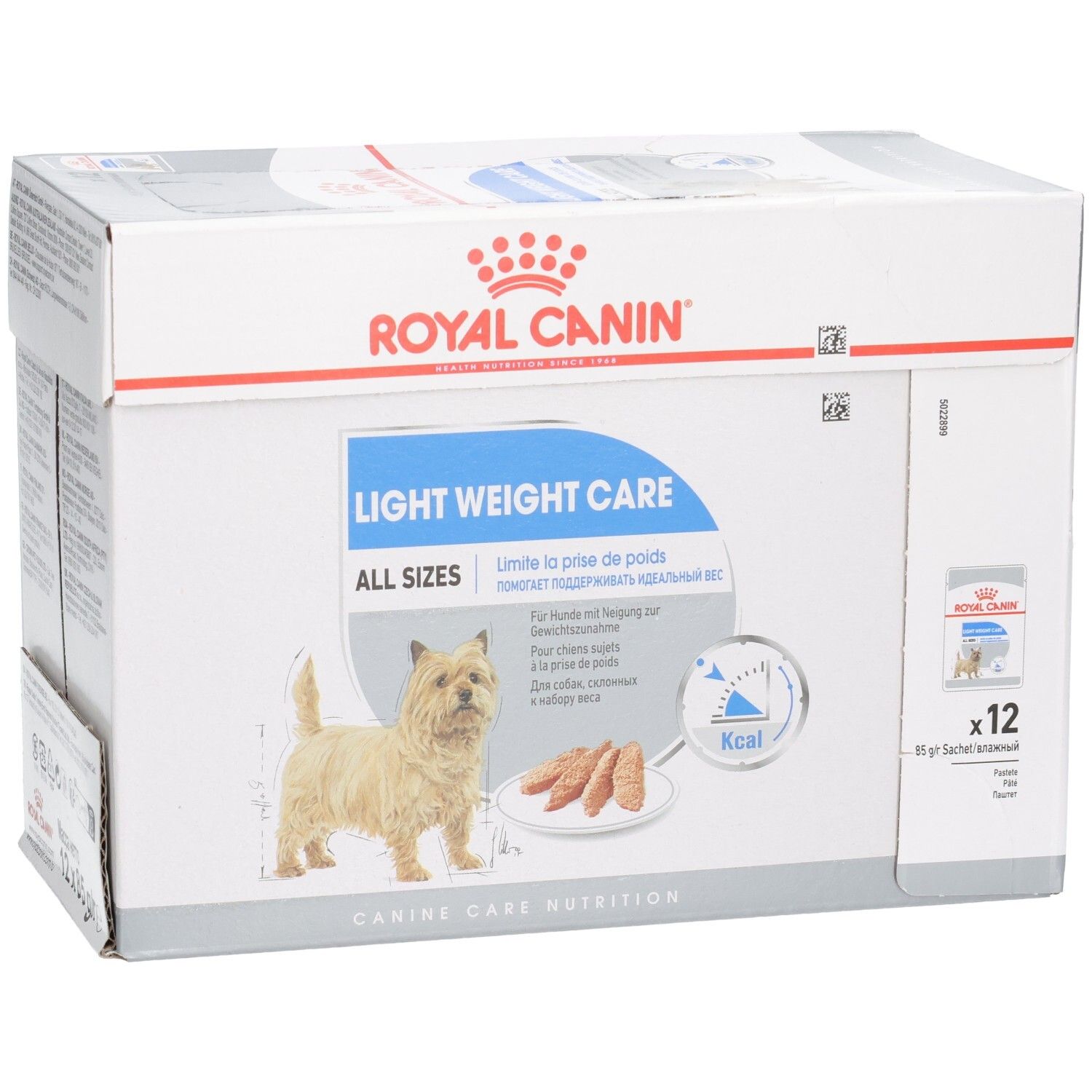 Boîte de nourriture Royal Canin Light Weight Care All Sizes pour chien, 12x85g sachets. Comprend un Cairn Terrier.