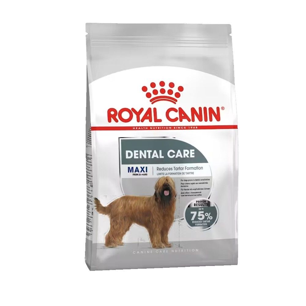 Sac de croquettes Royal Canin Maxi Dental Care avec image de chien et informations produit.
