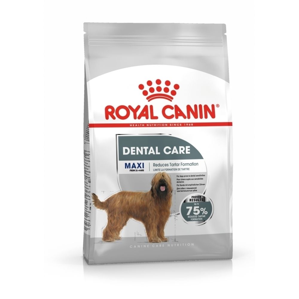 Sac de nourriture Royal Canin Dental Care Maxi pour chien avec image d'un grand chien.