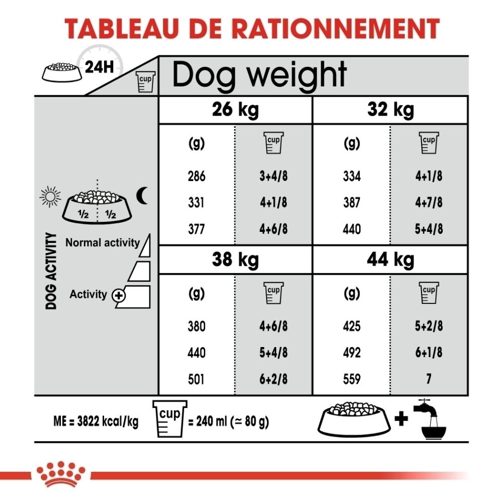 Tableau d'alimentation pour chiens par poids et activité. Indique grammes et tasses par jour.