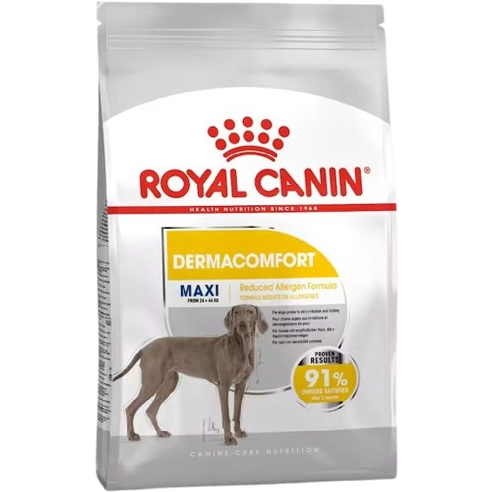 Sac de 12kg de nourriture Royal Canin Maxi DermaComfort pour chien, avec image de chien et informations produit.