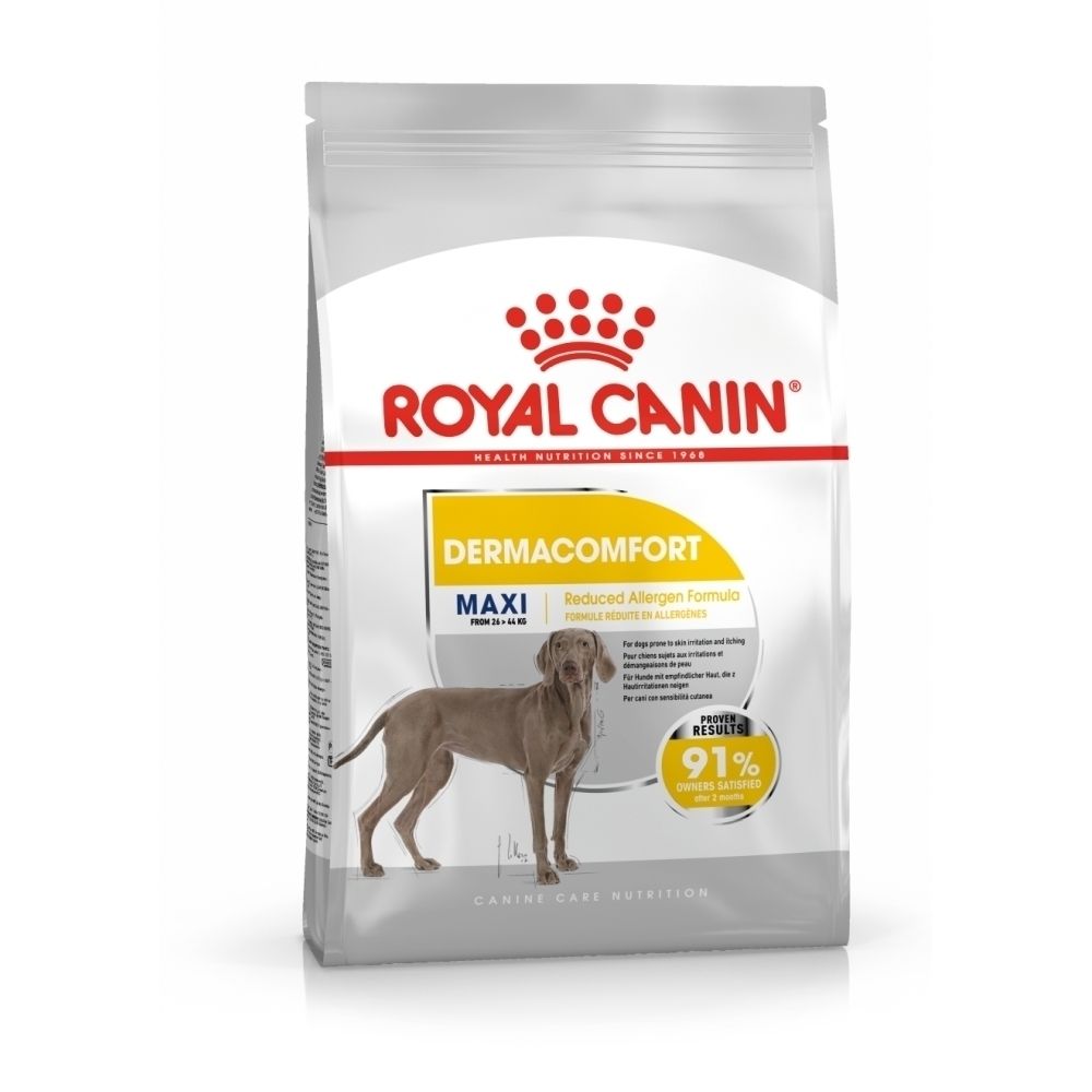 Sac de nourriture Royal Canin Maxi Dermacomfort montrant un chien avec irritations et démangeaisons cutanées.