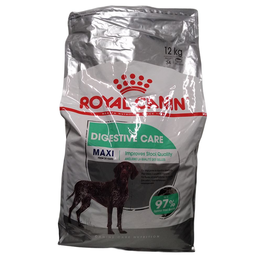 Sacs de nourriture pour chiens Royal Canin Maxi Digestive Care, 12 kg, avec image de chien.