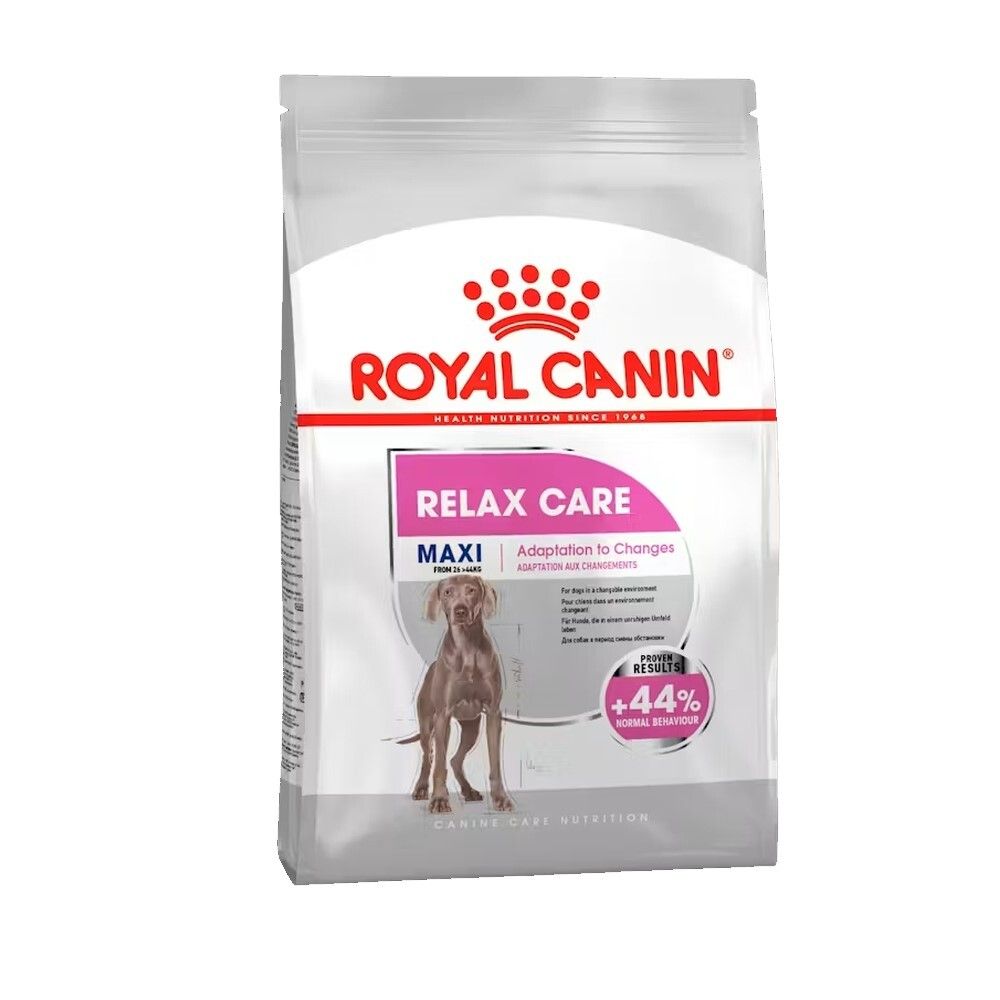 Sac de nourriture Royal Canin Maxi Relax Care pour chien, avec image de chien et informations produit.