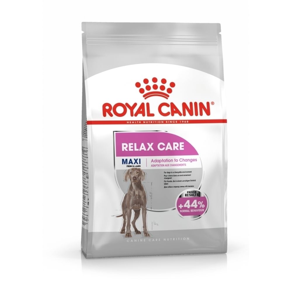 Sac Royal Canin 'RELAX CARE MAXI' avec chien et texte 'Dans un environnement changeant'.