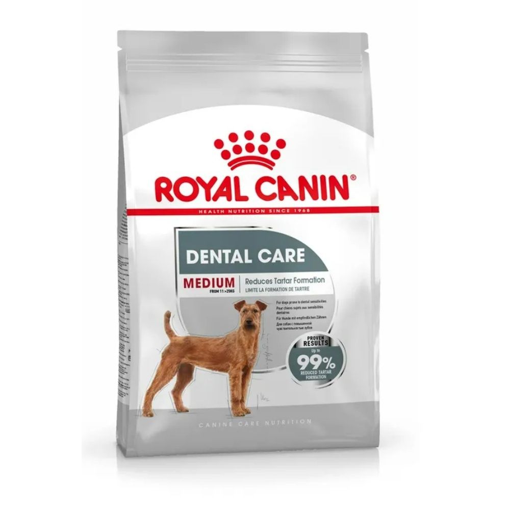 Sac de nourriture pour chien Royal Canin MEDIUM DENTAL CARE 10kg avec image de chien et informations produit.