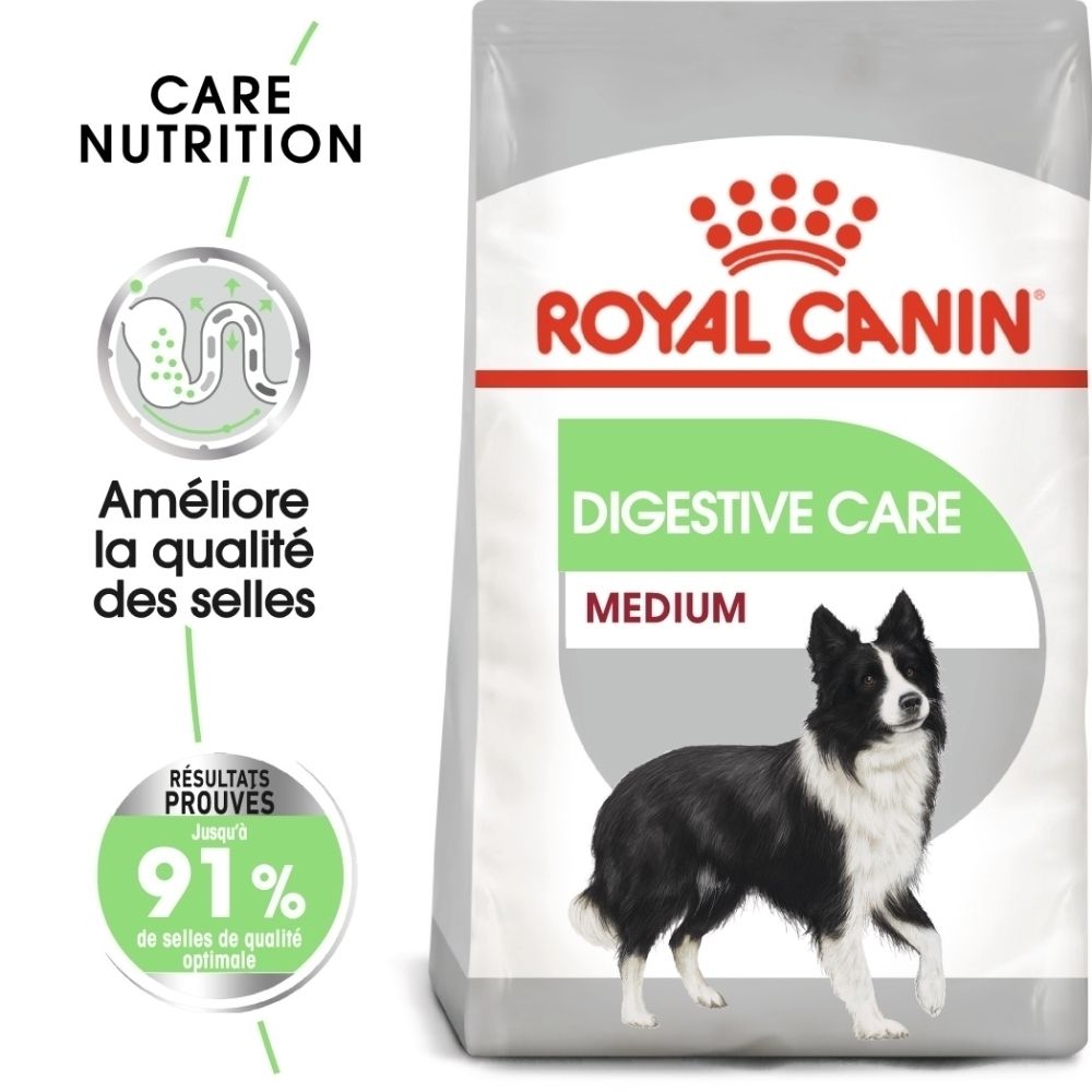 Avant d'un sac de nourriture Royal Canin Medium Digestive Care pour chiens avec image de chien et textes français.