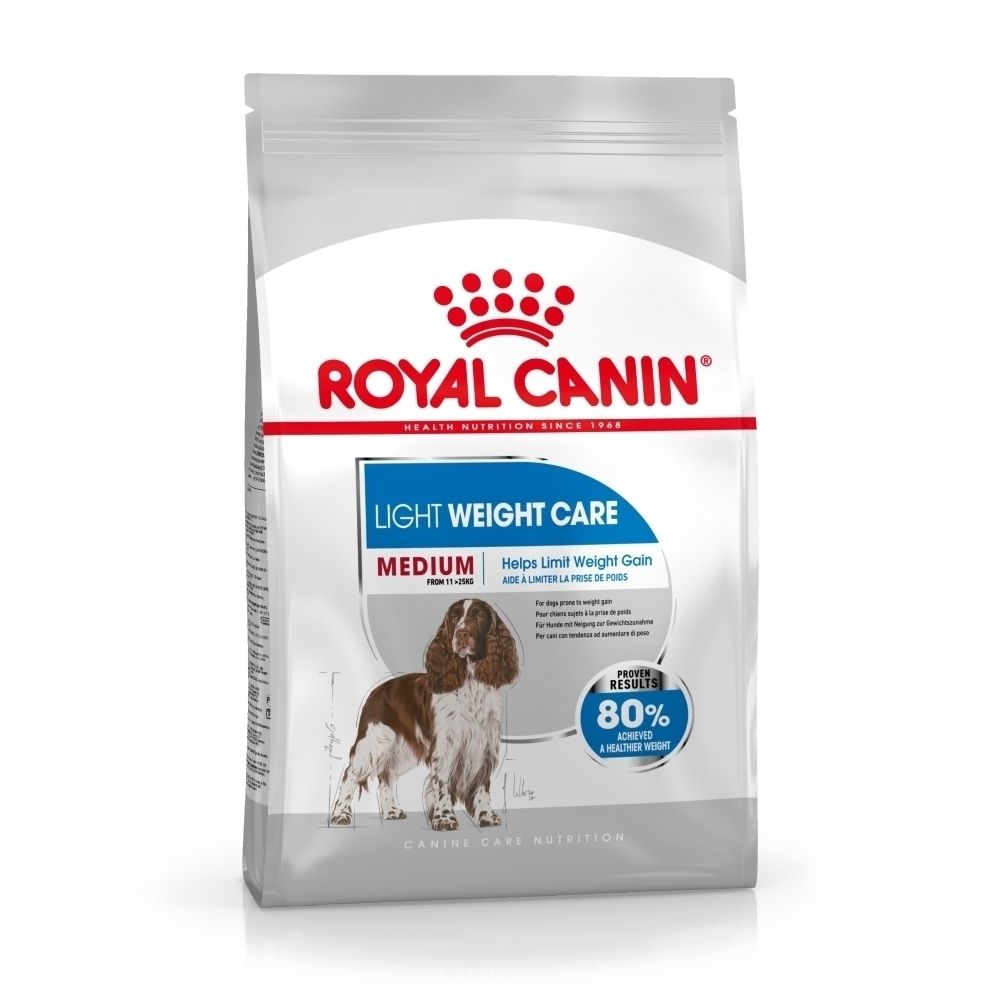 Arrière de la nourriture Royal Canin Medium Light Weight Care, texte en français.