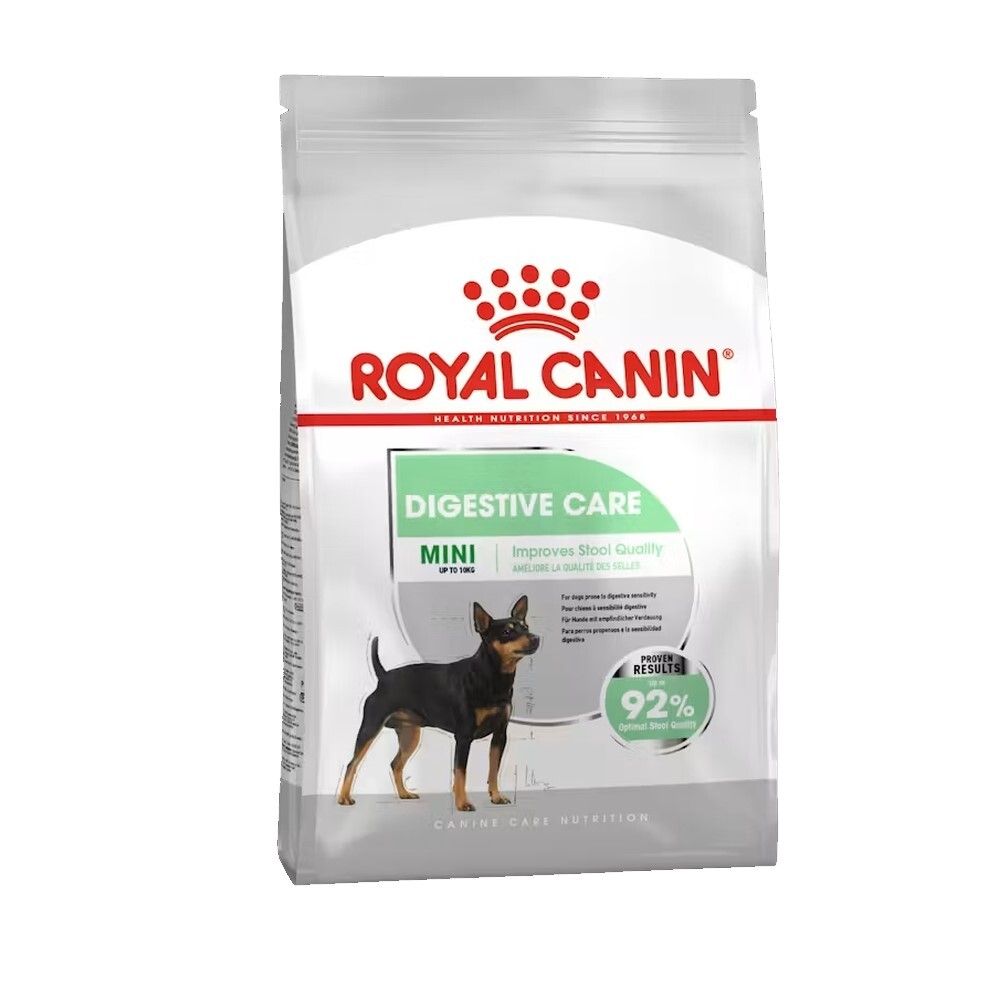 Sac de nourriture pour chiens Royal Canin pour petits chiens ayant des problèmes digestifs. Montre un chien et 92% de résultats positifs.