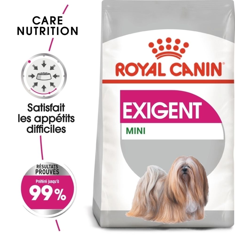 Sac de croquettes Royal Canin Exigent Mini. Montre un chien et l'inscription 'Satisfait les appétits difficiles'.
