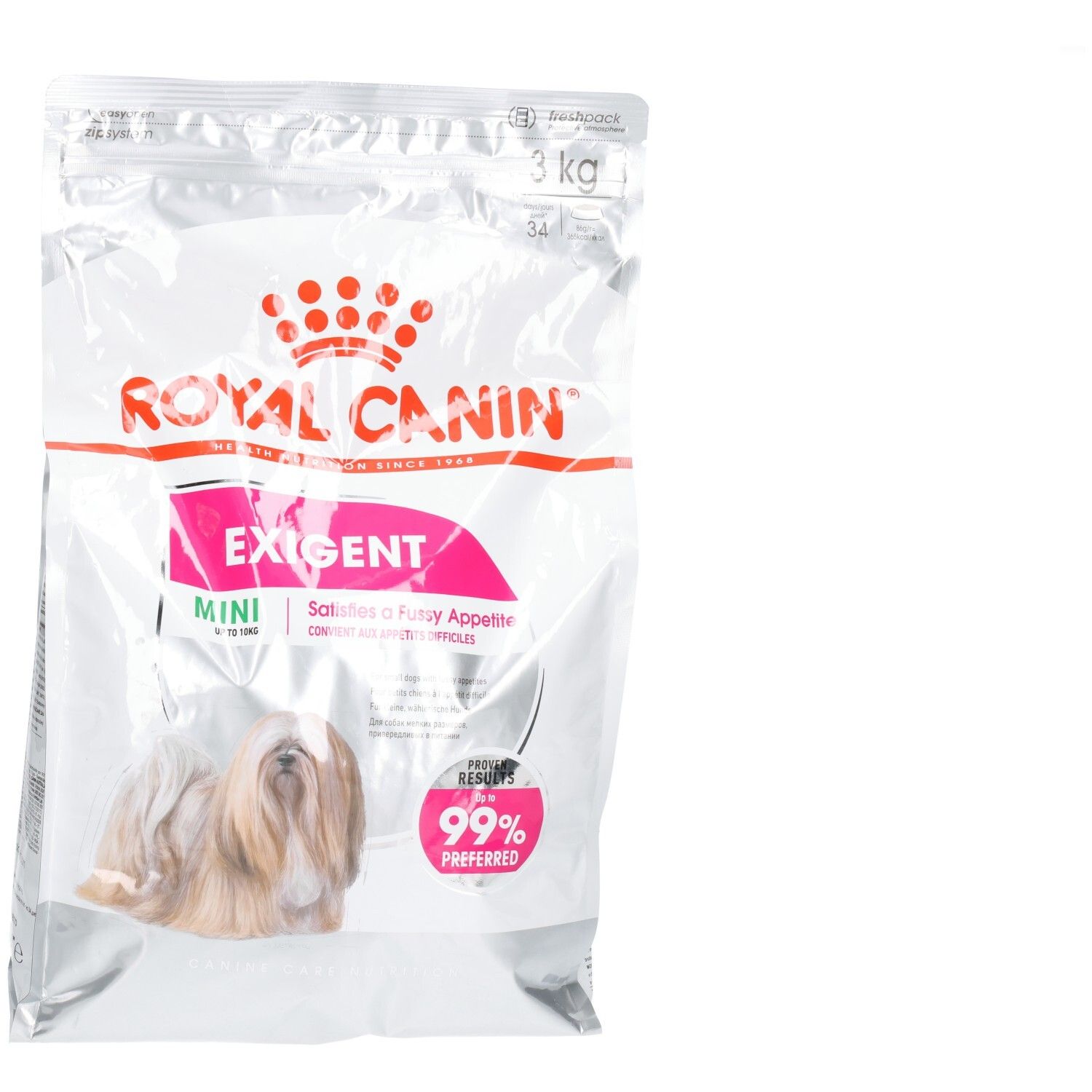 Croquettes Royal Canin Mini Exigent, paquet de 3 kg avec image de chien et informations produit.