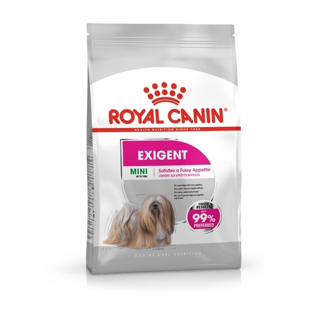Sac de croquettes Royal Canin Exigent Mini. Montre un chien et l'inscription 'Satisfait les appétits difficiles'.