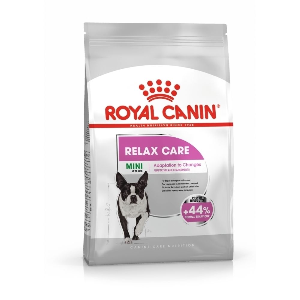 Sac de croquettes Royal Canin Relax Care Mini pour chien, avec illustration de Boston Terrier et informations nutritionnelles.