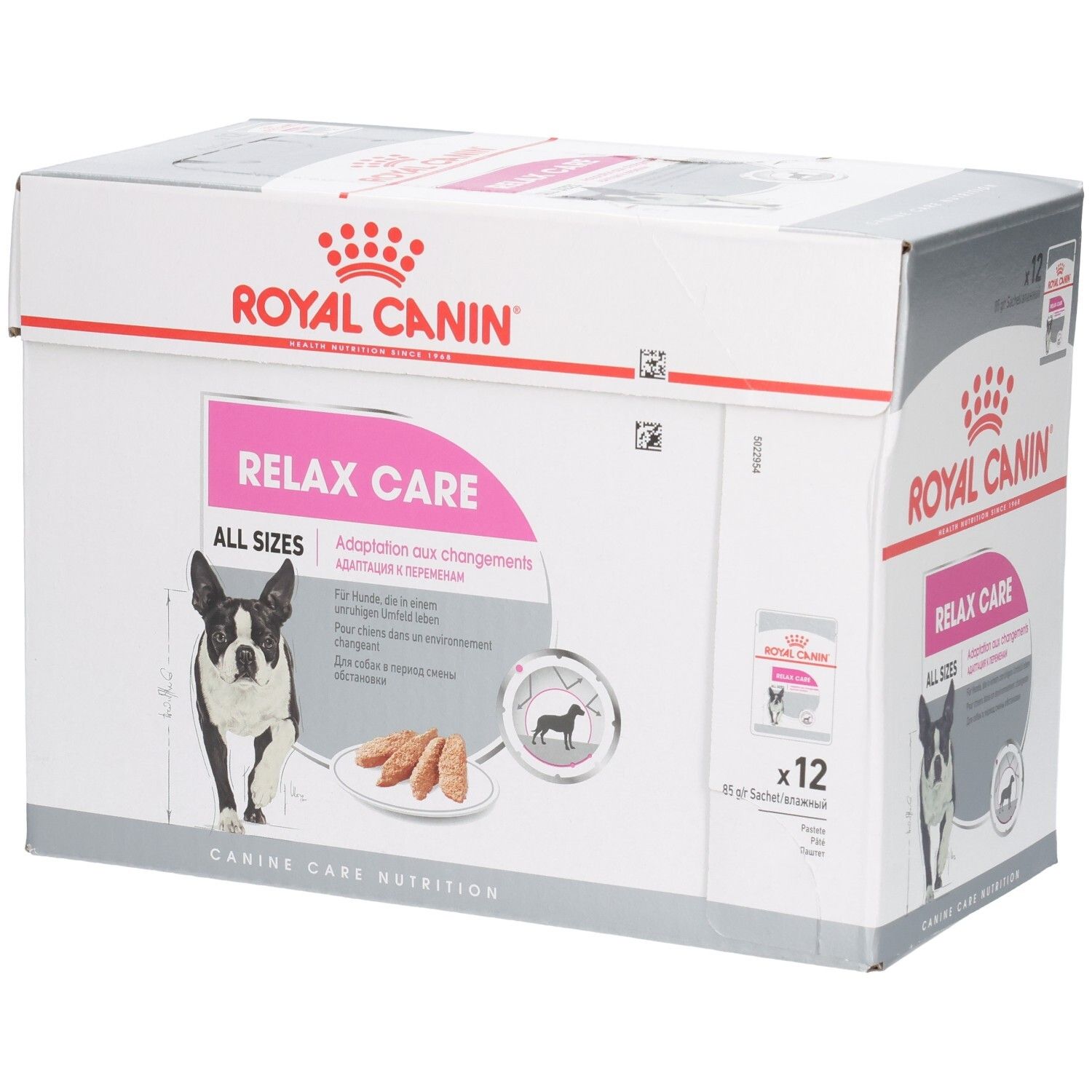 Boîte Royal Canin Relax Care de 12 sachets, toutes tailles, pour chiens.