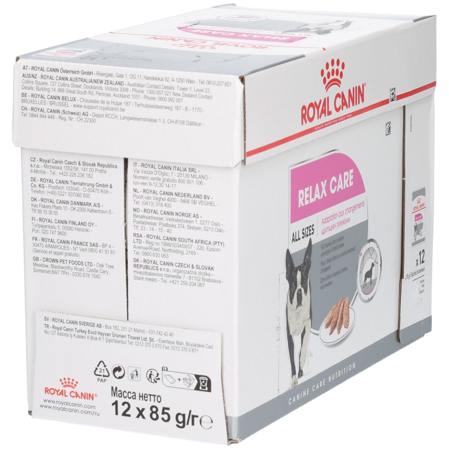 Arrière de la boîte Royal Canin Relax Care avec liste d'adresses et informations produit.