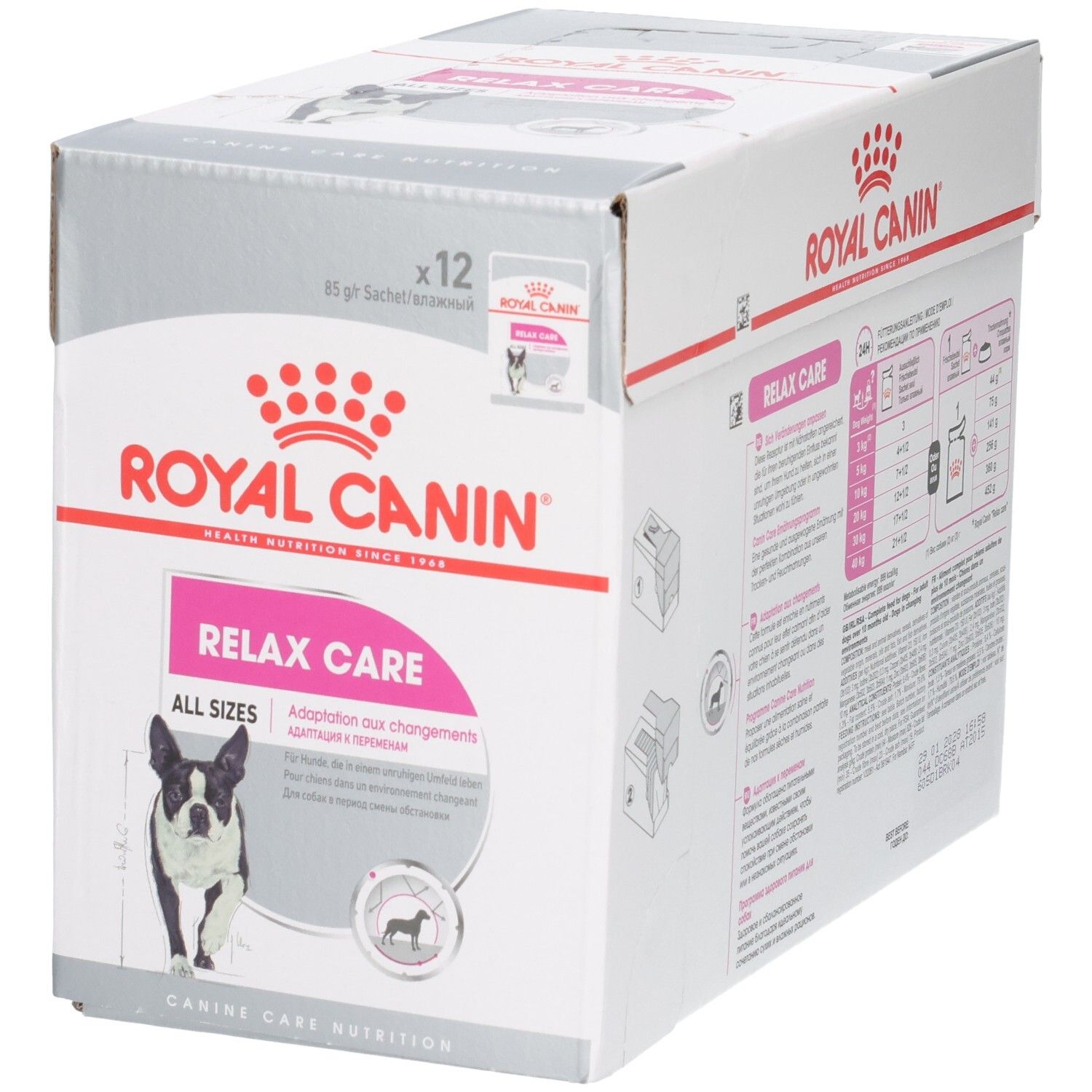 Face avant de la boîte Royal Canin Relax Care avec image de chien et informations produit.