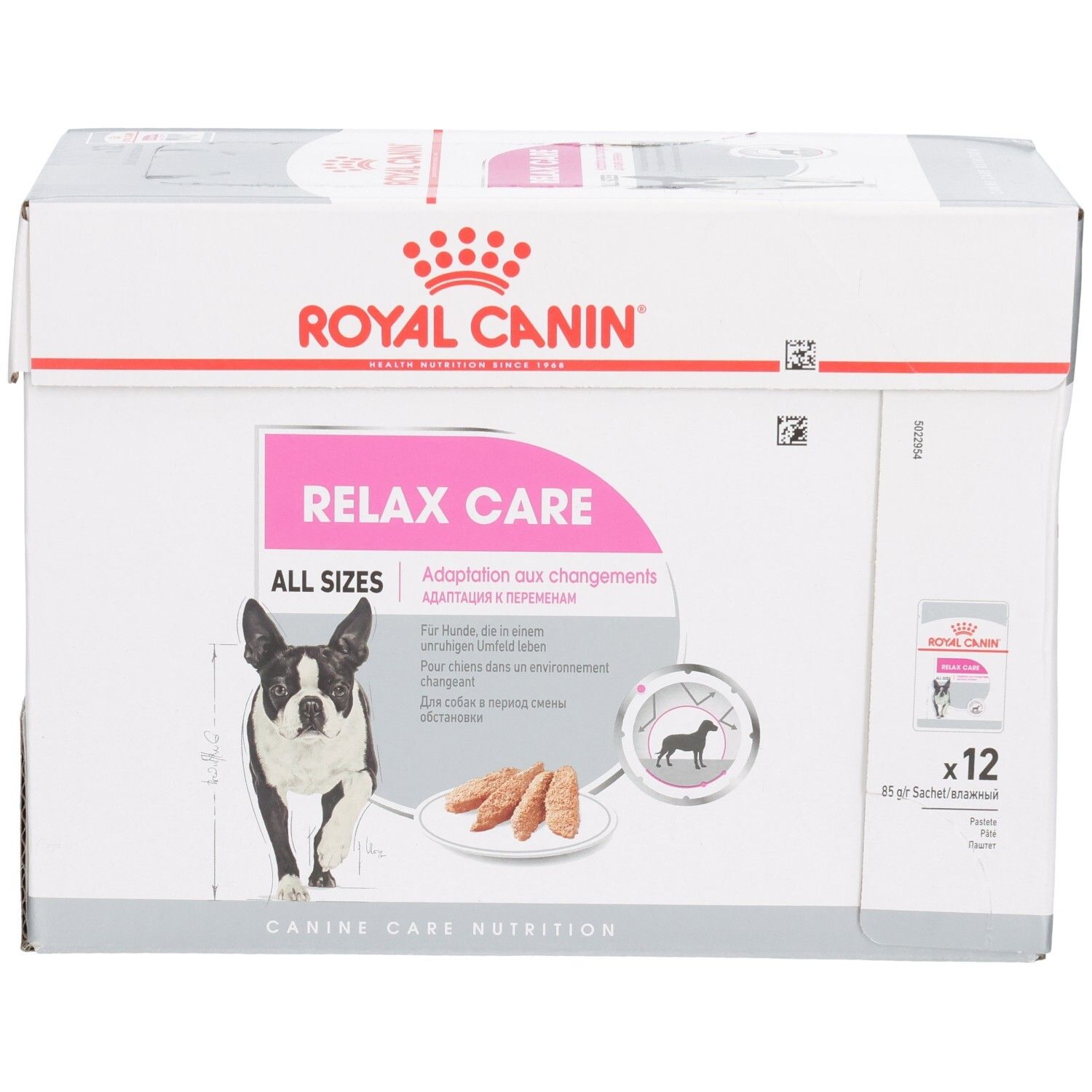 Boîte Royal Canin Relax Care de 12 sachets, toutes tailles, avec chien et nourriture.