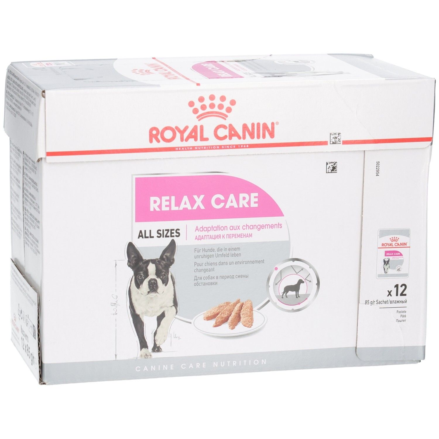 Boîte Royal Canin Relax Care de 12 sachets, toutes tailles, avec chien et nourriture.