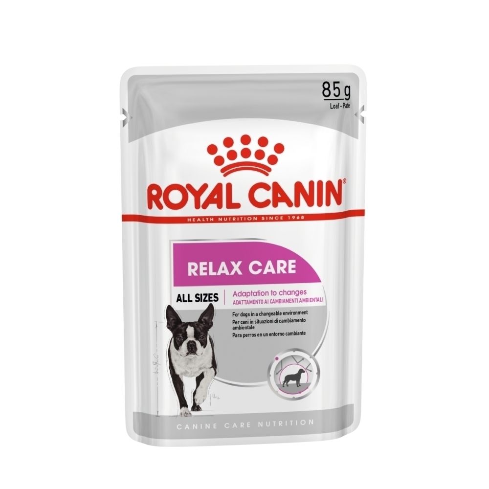 Sachet Royal Canin Relax Care pour chien, 85g. Image de Boston Terrier.