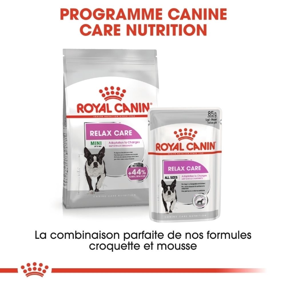 Nourriture pour chien Royal Canin Relax Care : croquettes et pâtée pour chiens.