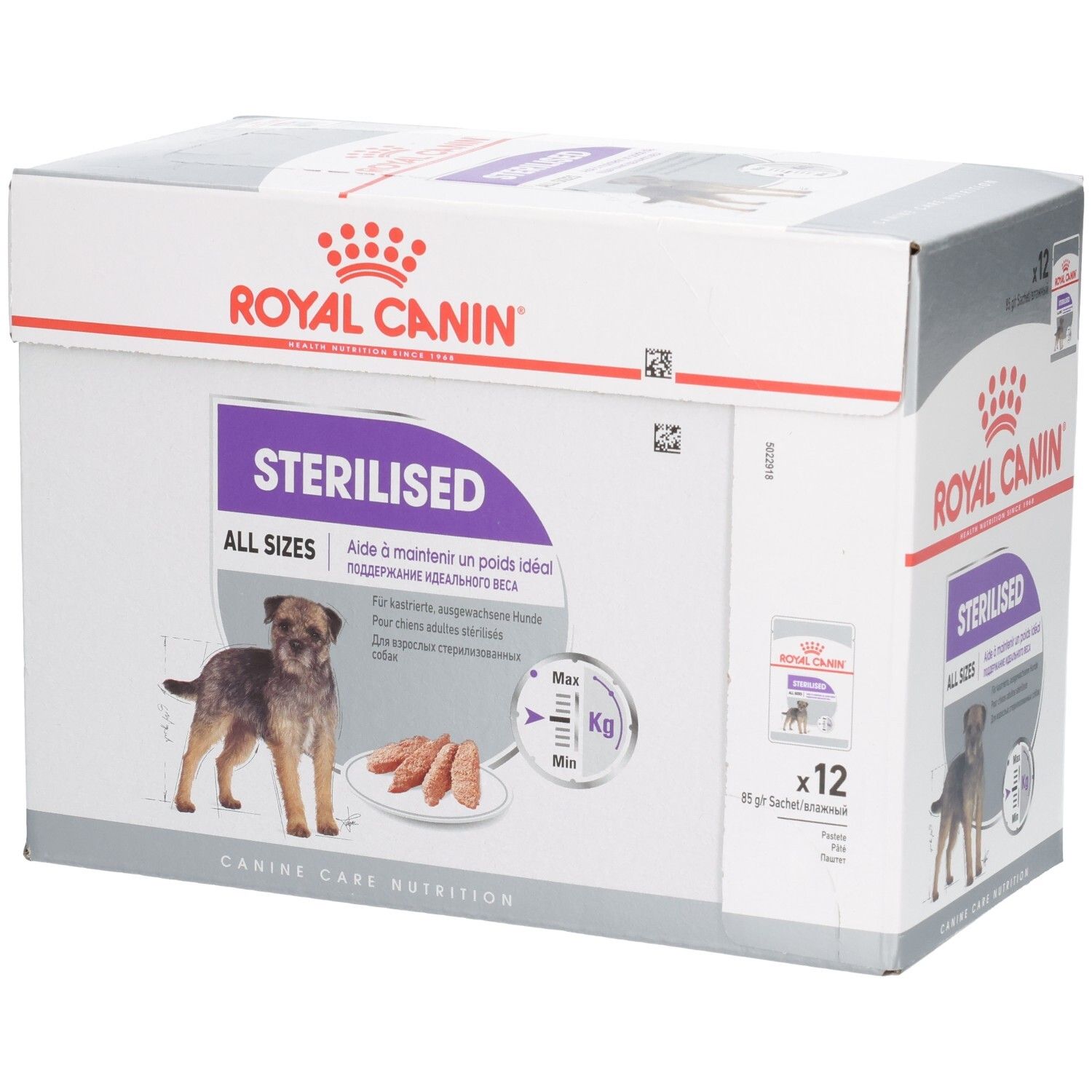 Boîte de nourriture Royal Canin Sterilised All Sizes pour chien, 12 sachets de 85g. Montre un chien et une gamelle de nourriture.