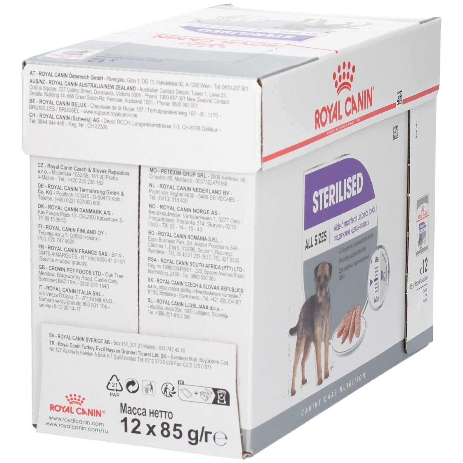 Arrière de la boîte de nourriture Royal Canin Sterilised All Sizes avec informations d'adresse et caractéristiques du produit.