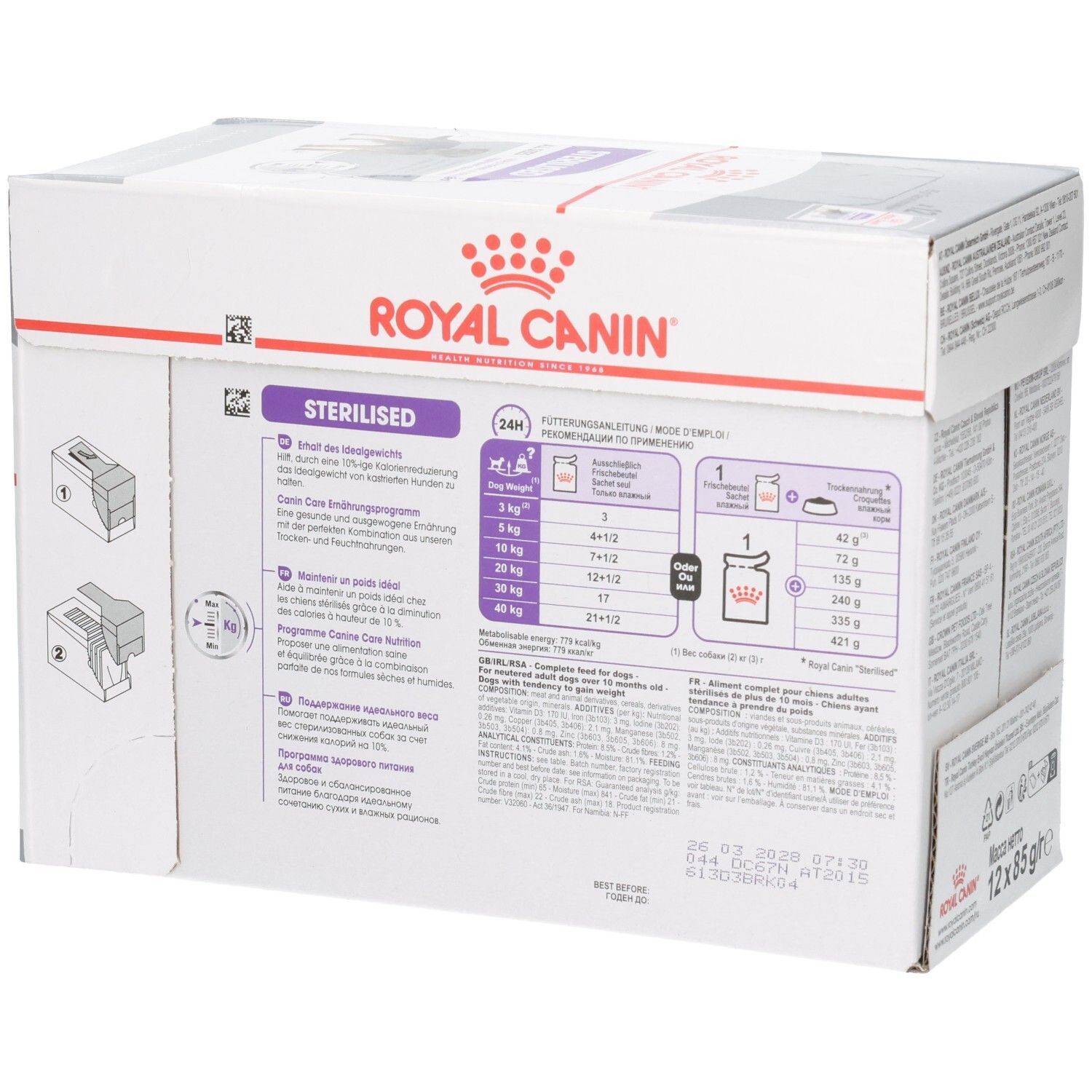 Vue latérale de la boîte de nourriture Royal Canin Sterilised All Sizes avec recommandations d'alimentation et informations produit.