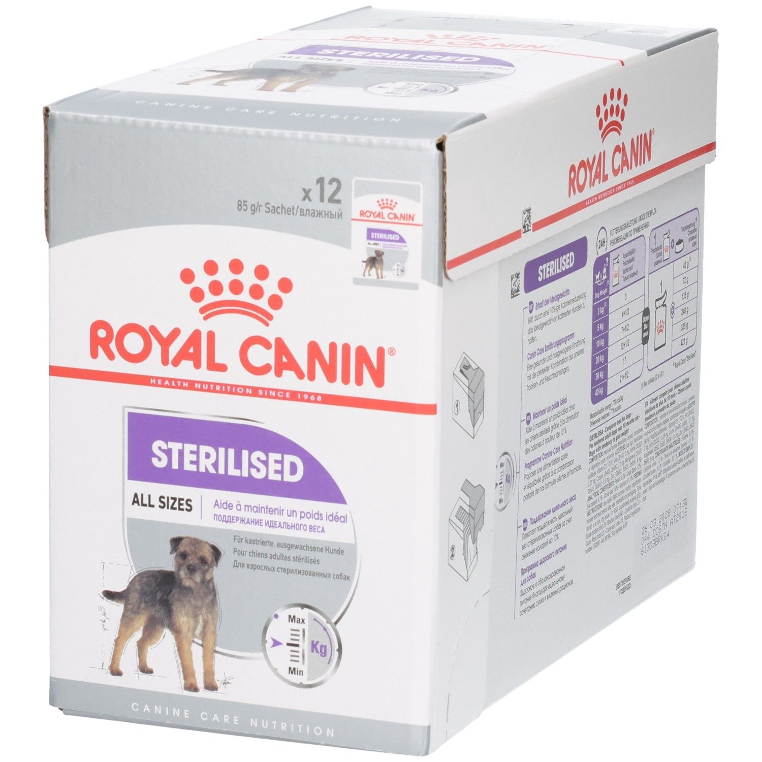 Face avant de la boîte de nourriture Royal Canin Sterilised All Sizes avec image produit et nom de marque.