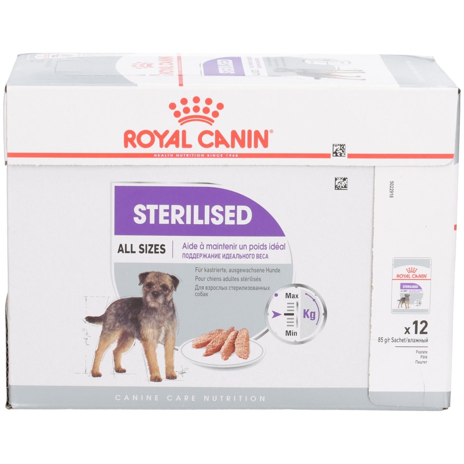 Boîte de nourriture Royal Canin Sterilised All Sizes, vue de face avec image de chien et caractéristiques produit.