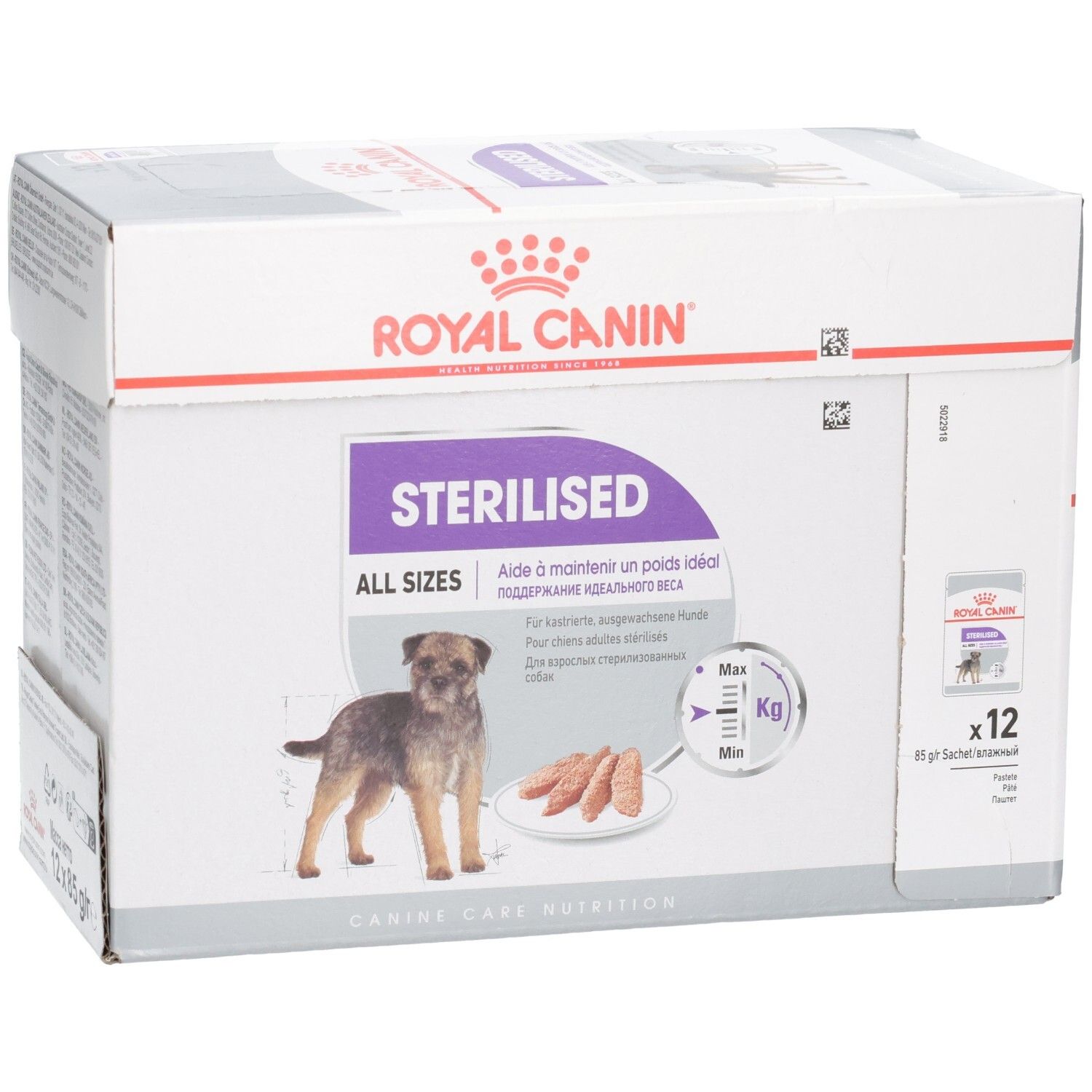 Boîte de nourriture Royal Canin Sterilised All Sizes, vue de face en biais avec image produit et nom de marque.