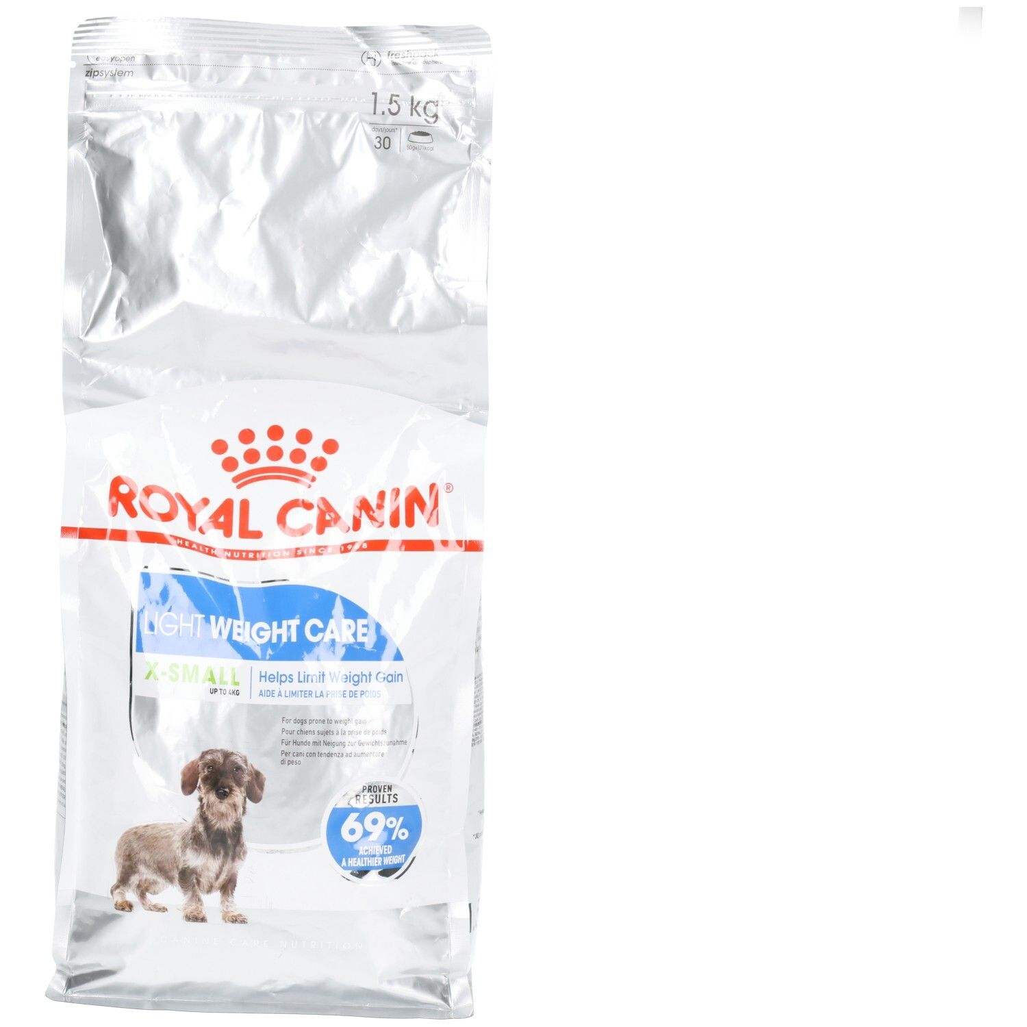 Sachet Royal Canin X-SMALL LIGHT WEIGHT CARE 1.5 kg pour chien, avec image de chien et informations produit.