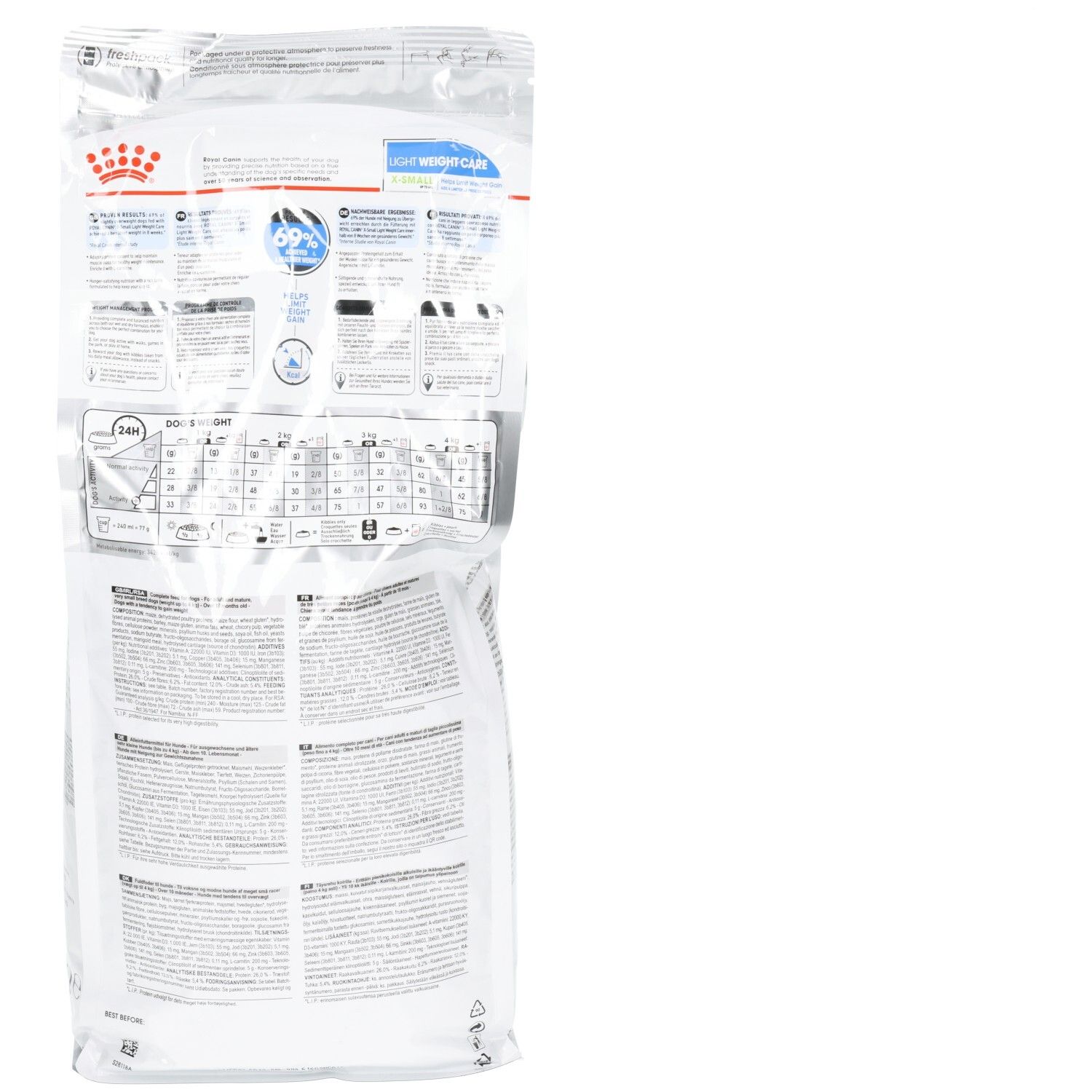Dos du sachet Royal Canin X-SMALL LIGHT WEIGHT CARE 1.5 kg pour chien, avec tableaux de rationnement détaillés et informations.