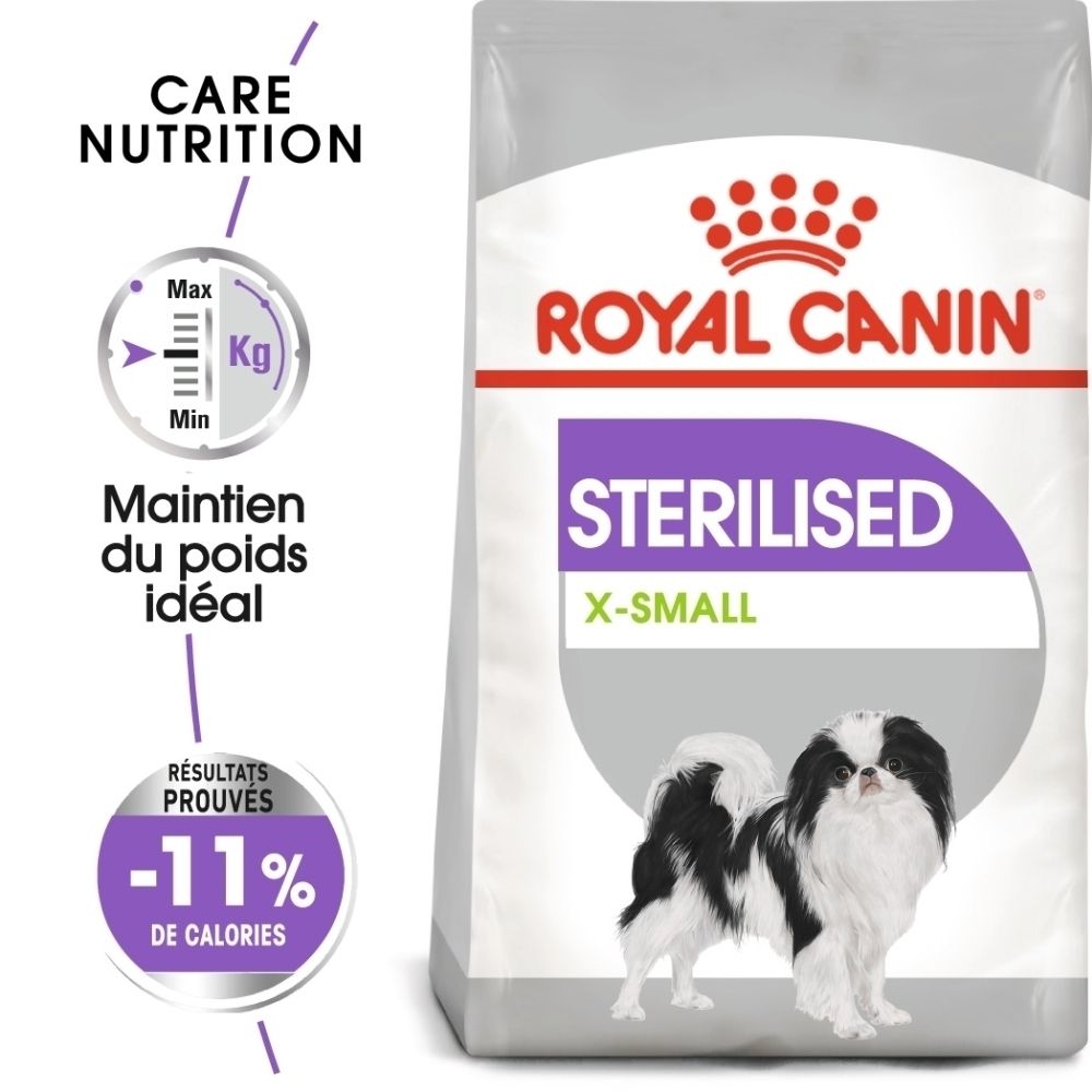 Sachet de nourriture Royal Canin Sterilised X-Small pour chien, avec image de chien et symboles de gestion du poids.