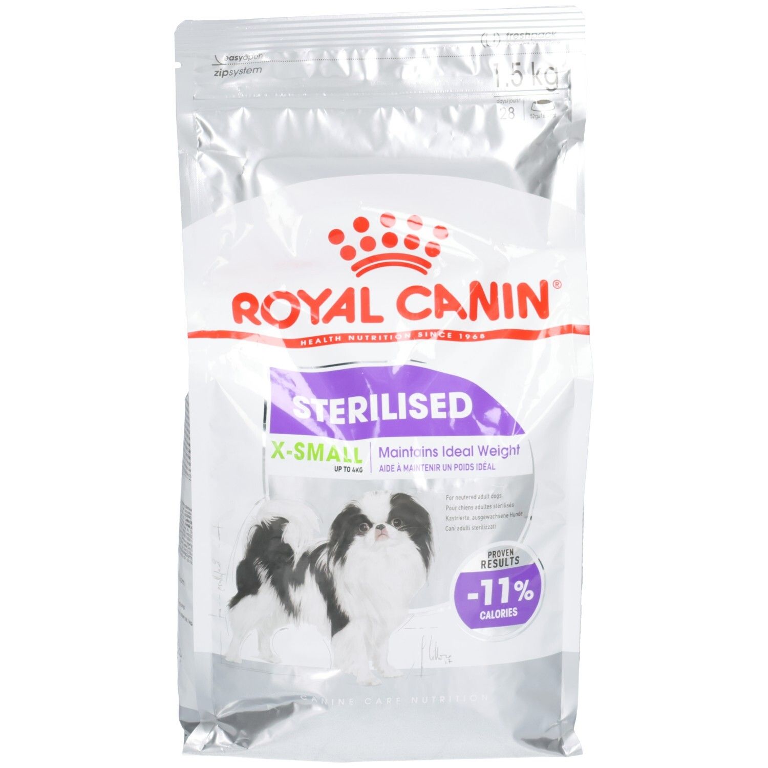 Nourriture Royal Canin Sterilised X-Small pour chiens, sachet avec illustration de chien et réduction des calories.