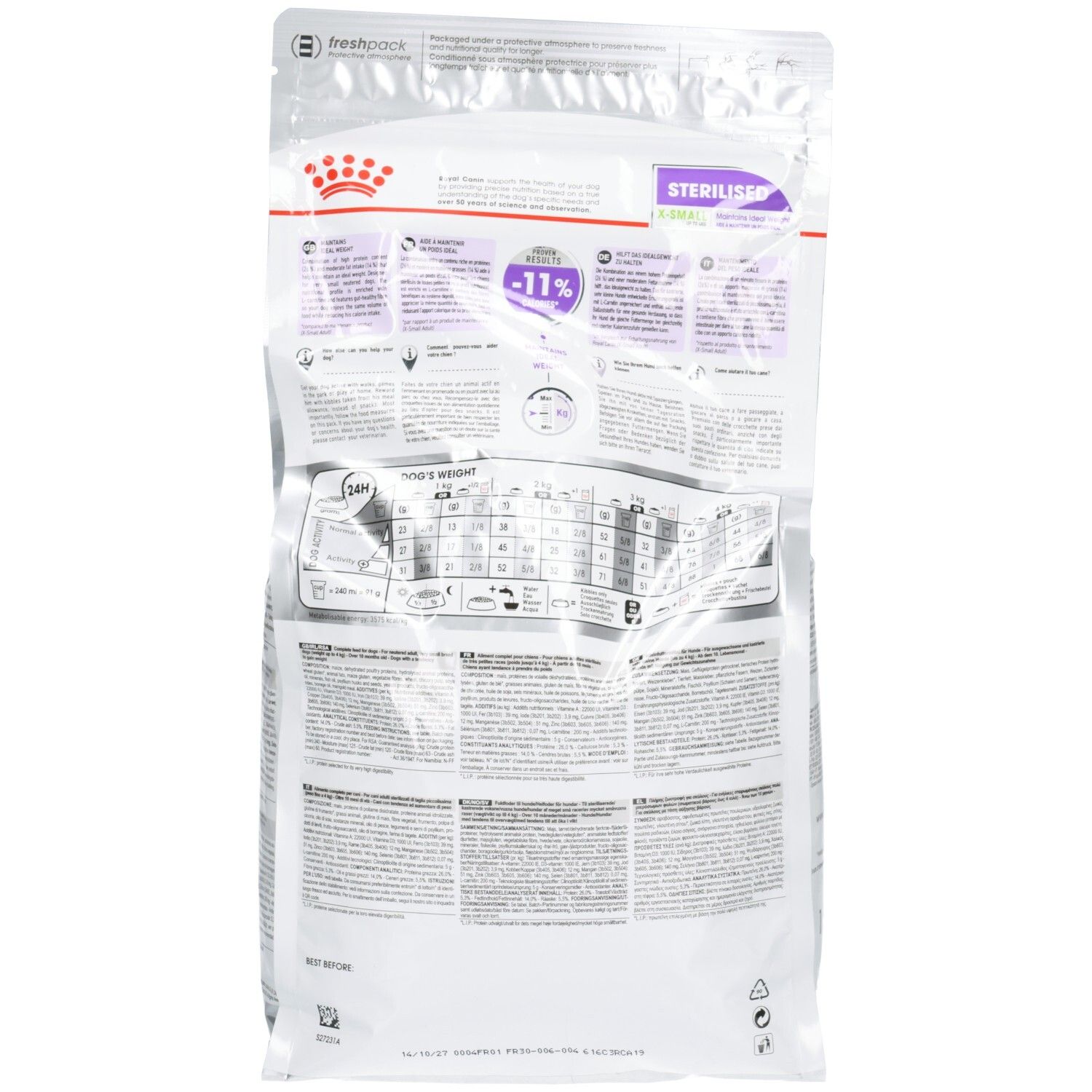 Dos d'un sac de nourriture Royal Canin Sterilised X-Small pour chiens avec tableau d'alimentation et informations produit.