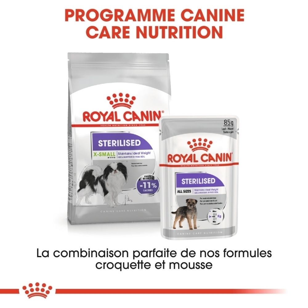 Royal Canin Sterilisé nourriture pour chiens : sac de croquettes et barquette de nourriture humide pour chiens stérilisés.