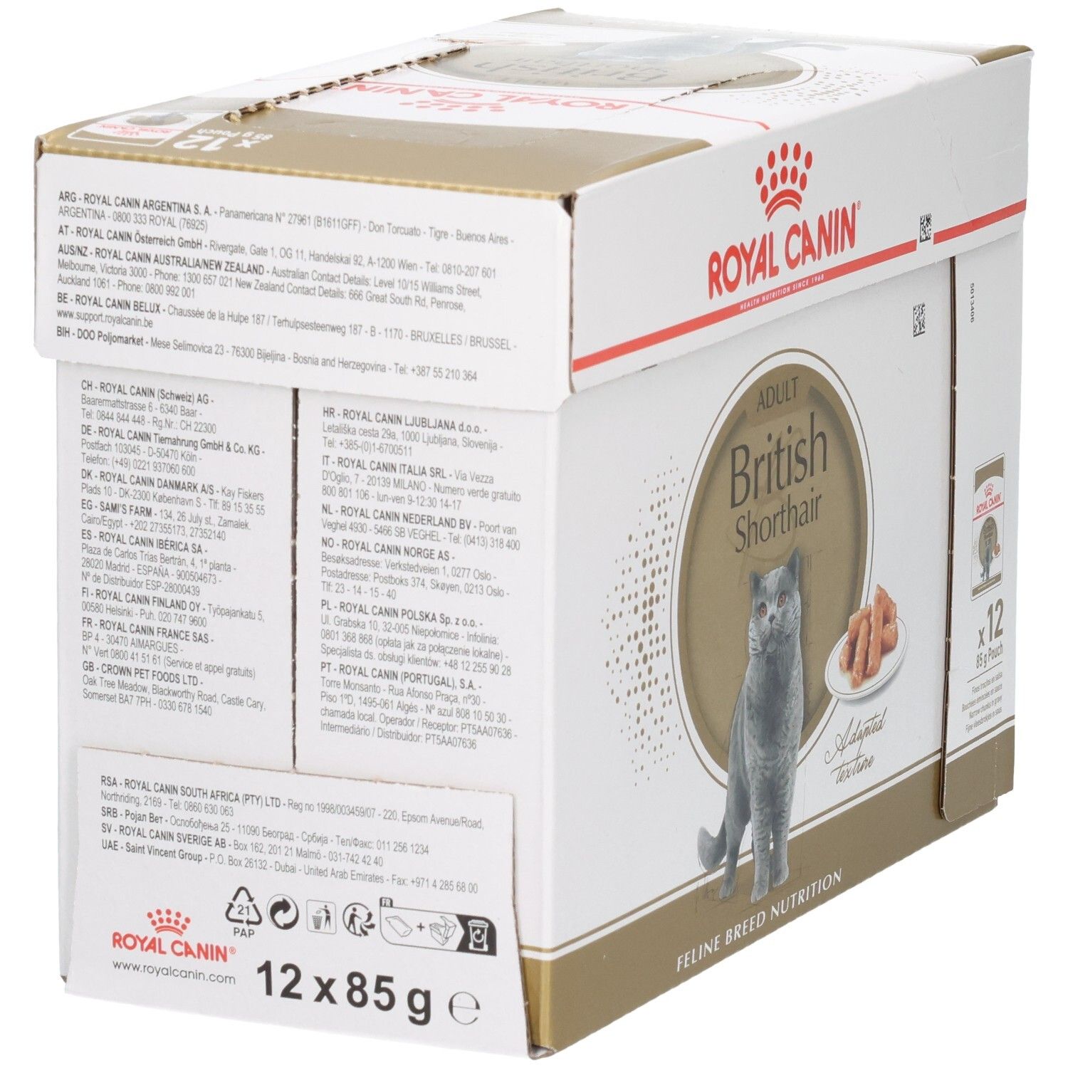 Arrière de la boîte Royal Canin British Shorthair Adulte avec instructions de nourrissage.