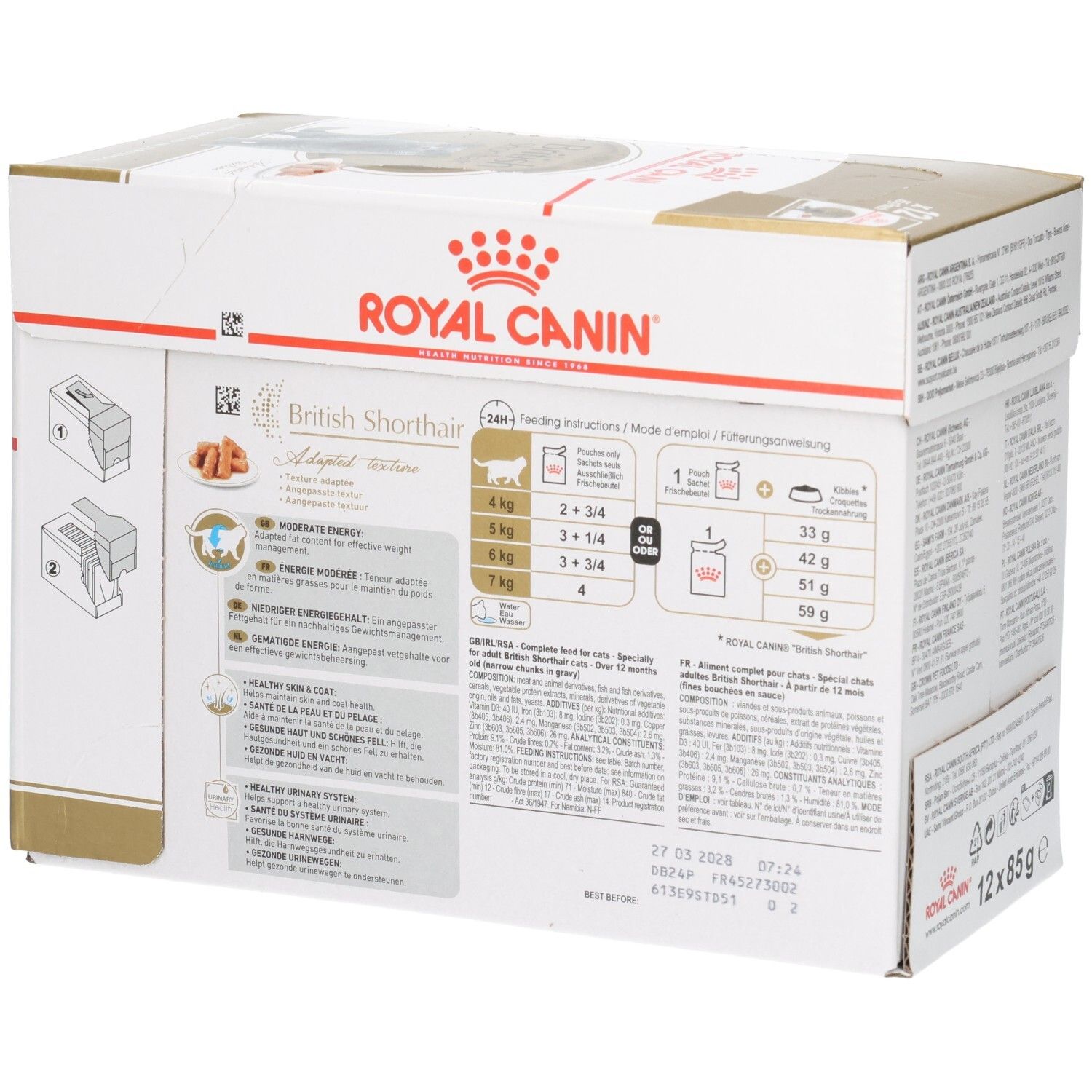 Vue latérale de la boîte Royal Canin British Shorthair Adulte avec informations nutritionnelles.