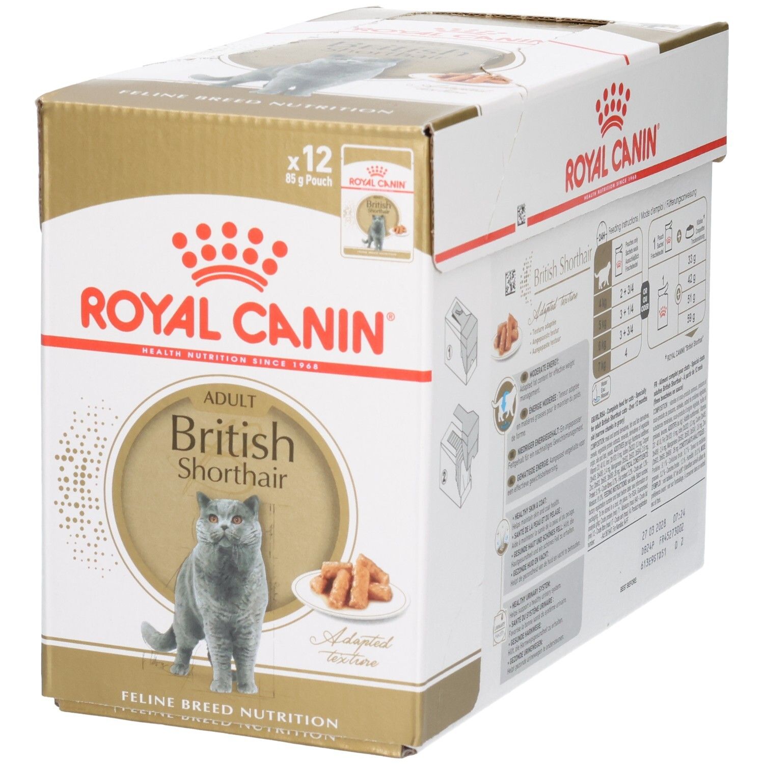 Vue avant de la boîte Royal Canin British Shorthair Adulte avec image de chat.