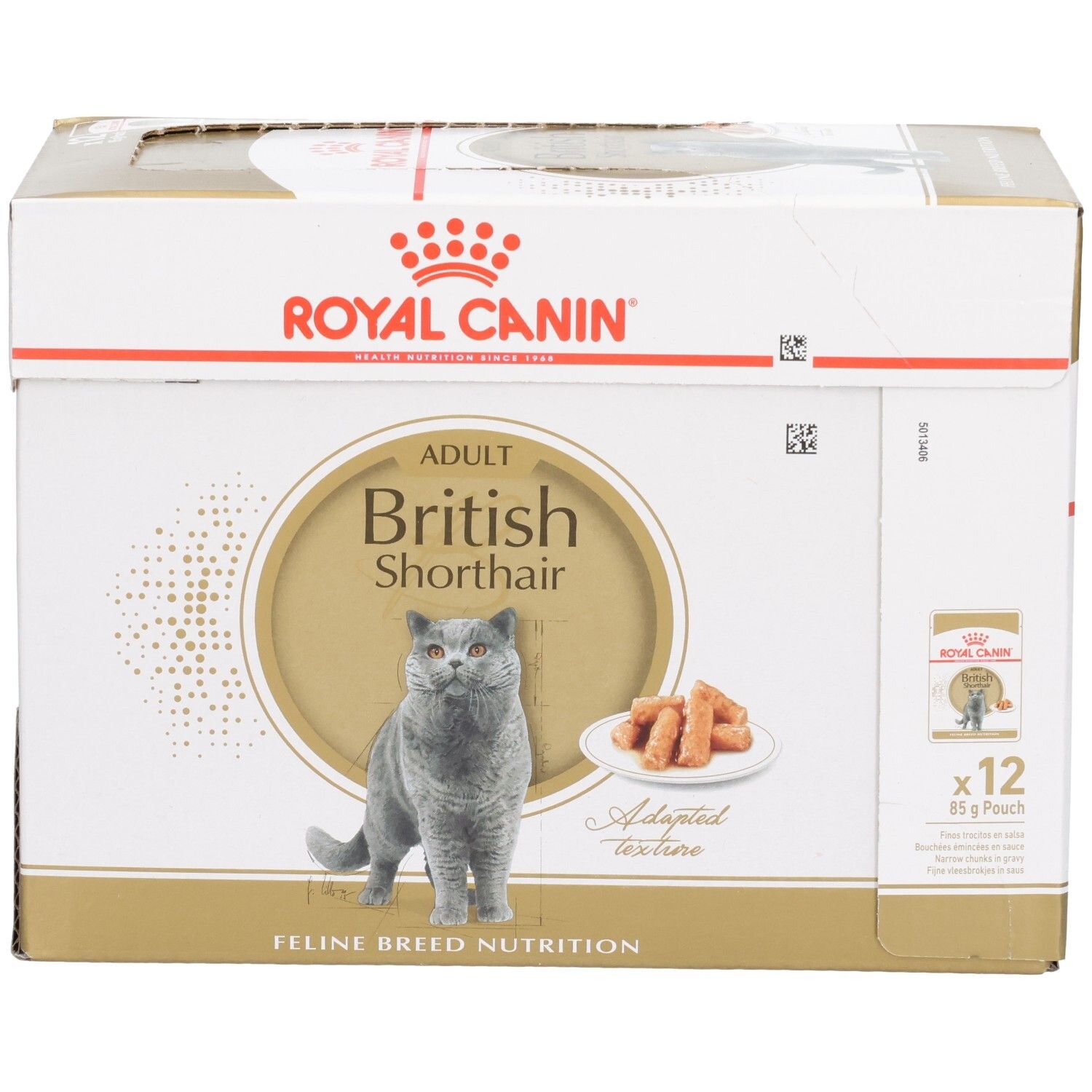Boîte Royal Canin British Shorthair Adulte, 12 sachets de 85g, vue avant.