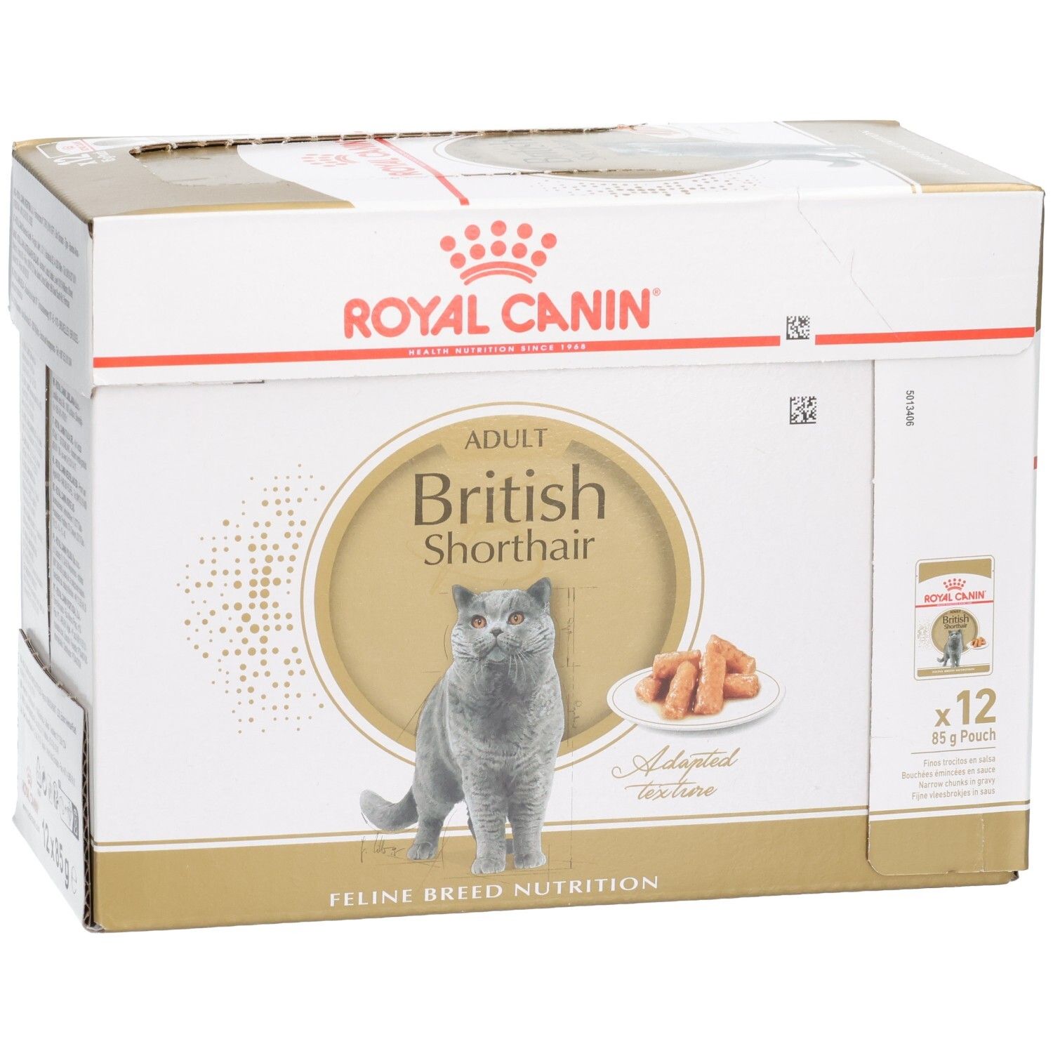 Vue détaillée de la boîte Royal Canin British Shorthair Adulte, 12 sachets de 85g.