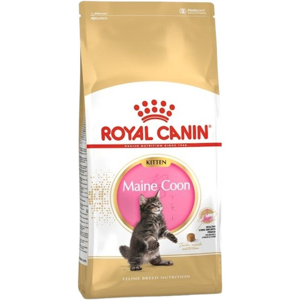 Sacs de nourriture Royal Canin Maine Coon Kitten, 10kg, avec image de chat et informations produit.