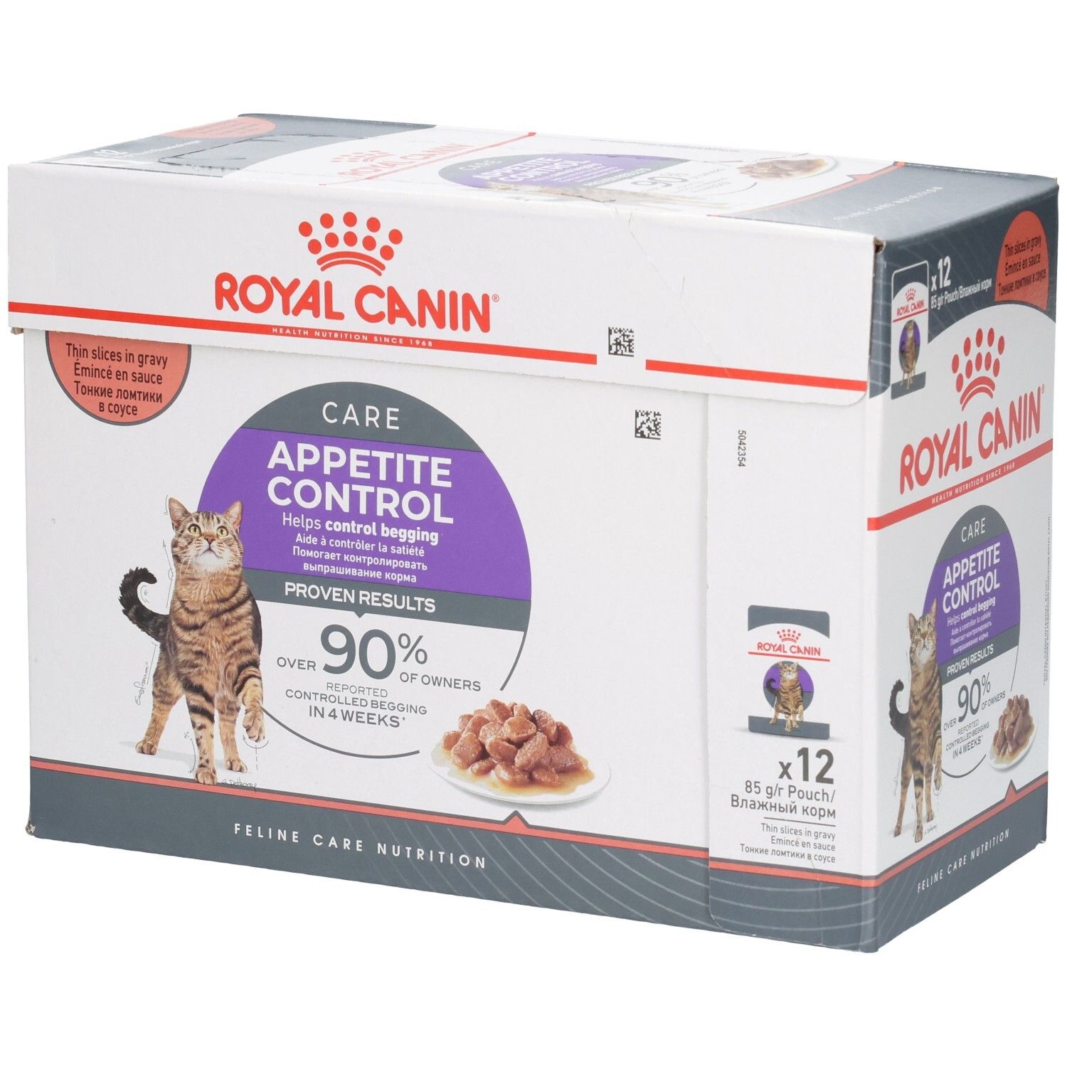 Boîte de nourriture Royal Canin Appetite Control pour chats, 12x85g, avec chat et gamelle.