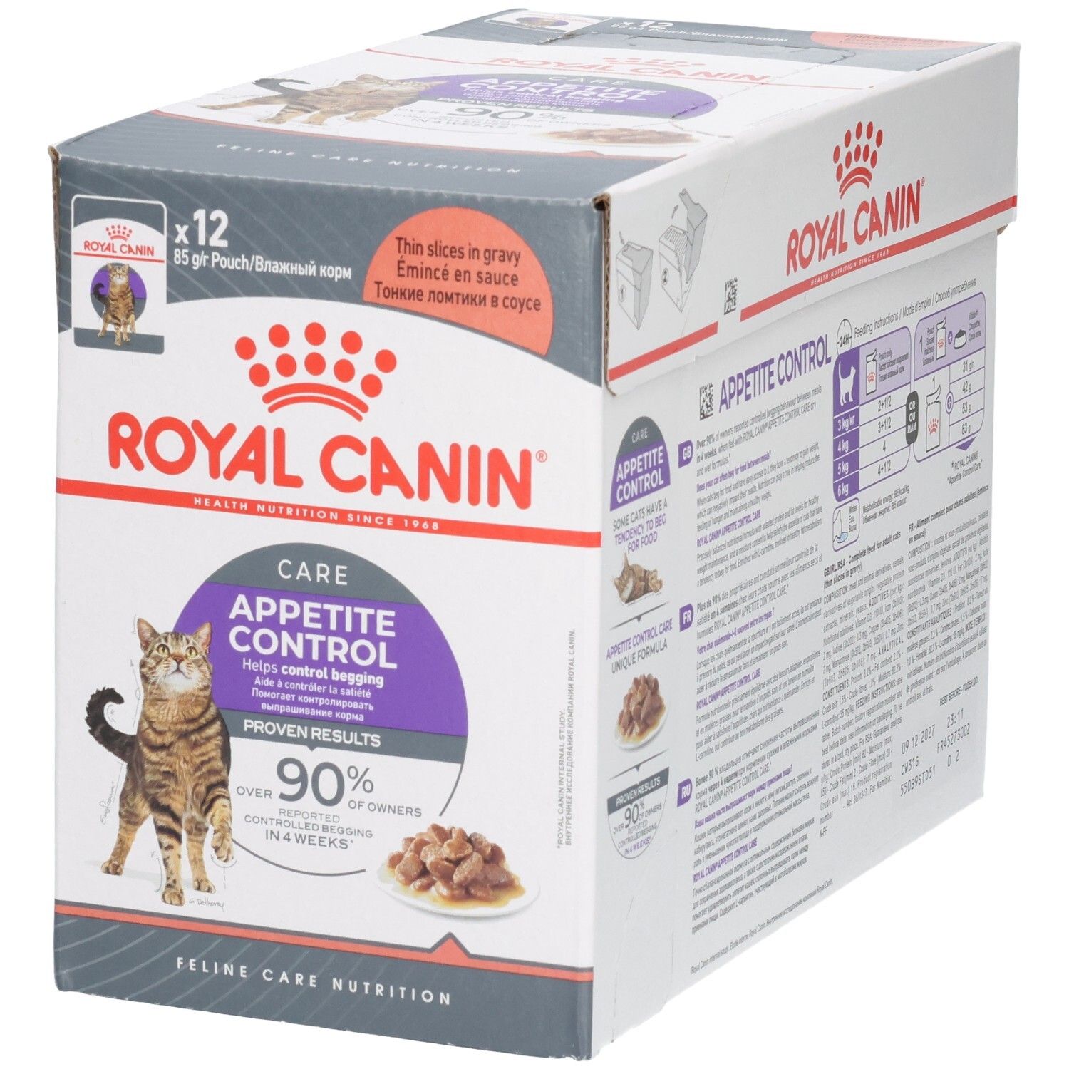 Boîte de nourriture Royal Canin Appetite Control pour chats, 12x85g, avec chat et gamelle.