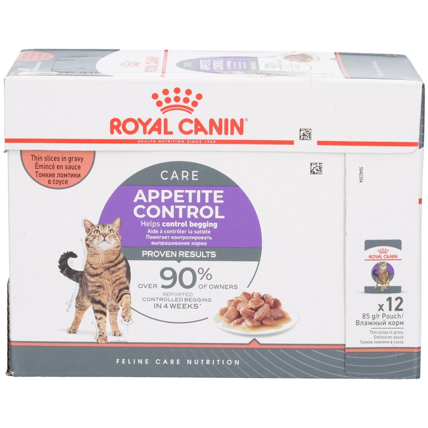Boîte de nourriture Royal Canin Appetite Control pour chats, 12x85g, avec chat et gamelle.