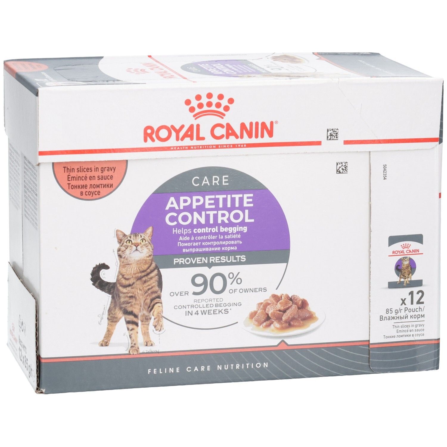 Boîte de nourriture Royal Canin Appetite Control pour chats, 12x85g, avec chat et gamelle.